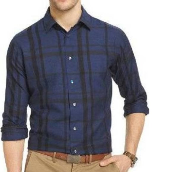 Mens Sport Shirt Van Heusen 2XL Blue Black Striped Button Front Long Sleeves - Picture 1 of 4